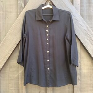 Fridaze Womens L Black 100% Linen Tunic Blouse Novelty Buttons Pockets Artsy